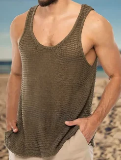 Sale OUKU Men's Tank Top Vest Top Undershirt Sleeveless Shirt Sleeveless Crew Neck Summer Solid Color Sports Fashion Lightweight Vacation Casual Daily Black White Brown Top Tee for Men