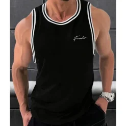 Online OUKU Men's Tank Top Vest Top Undershirt Sleeveless Shirt Sleeveless Crew Neck Summer Stripes Fashion Designer Basic Print Vacation Street Going out Black White Wine Top Tee for Men