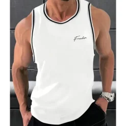 Online OUKU Men's Tank Top Vest Top Undershirt Sleeveless Shirt Sleeveless Crew Neck Summer Stripes Fashion Designer Basic Print Vacation Street Going out Black White Wine Top Tee for Men