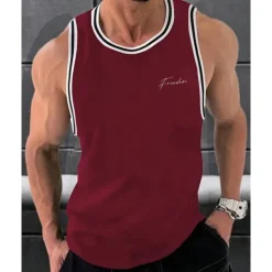 Online OUKU Men's Tank Top Vest Top Undershirt Sleeveless Shirt Sleeveless Crew Neck Summer Stripes Fashion Designer Basic Print Vacation Street Going out Black White Wine Top Tee for Men
