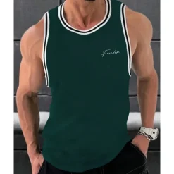 Online OUKU Men's Tank Top Vest Top Undershirt Sleeveless Shirt Sleeveless Crew Neck Summer Stripes Fashion Designer Basic Print Vacation Street Going out Black White Wine Top Tee for Men