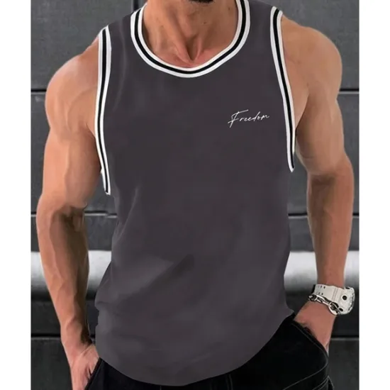 Online OUKU Men's Tank Top Vest Top Undershirt Sleeveless Shirt Sleeveless Crew Neck Summer Stripes Fashion Designer Basic Print Vacation Street Going out Black White Wine Top Tee for Men