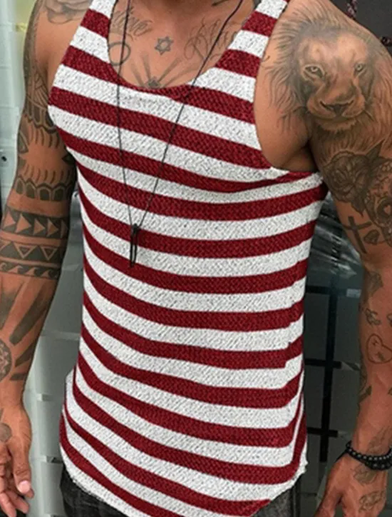 OUKU Men's Tank Top Vest Top Undershirt Sleeveless Shirt Sleeveless Crew Neck Summer Stripes Fashion Designer Muscle Outdoor Going out Gym Red Navy Blue Top Tee for Men