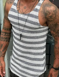 OUKU Men's Tank Top Vest Top Undershirt Sleeveless Shirt Sleeveless Crew Neck Summer Stripes Fashion Designer Muscle Outdoor Going out Gym Red Navy Blue Top Tee for Men