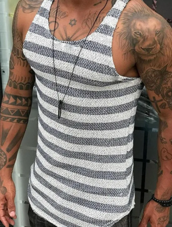 OUKU Men's Tank Top Vest Top Undershirt Sleeveless Shirt Sleeveless Crew Neck Summer Stripes Fashion Designer Muscle Outdoor Going out Gym Red Navy Blue Top Tee for Men