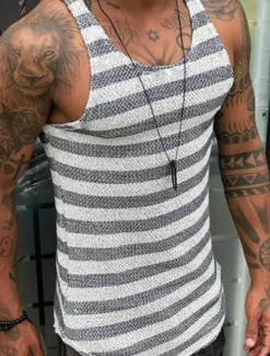 OUKU Men's Tank Top Vest Top Undershirt Sleeveless Shirt Sleeveless Crew Neck Summer Stripes Fashion Designer Muscle Outdoor Going out Gym Red Navy Blue Top Tee for Men