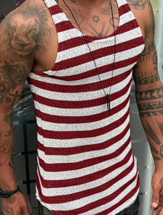 OUKU Men's Tank Top Vest Top Undershirt Sleeveless Shirt Sleeveless Crew Neck Summer Stripes Fashion Designer Muscle Outdoor Going out Gym Red Navy Blue Top Tee for Men