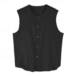 Online OUKU Men's Tank Top Vest Top Undershirt Sleeveless Shirt Sleeveless Mandarin Collar Spring & Summer Plain Fashion Designer Basic Buttons Vacation Street Going out Black Khaki Dark Gray Top Tee for Men