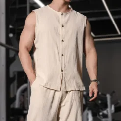Online OUKU Men's Tank Top Vest Top Undershirt Sleeveless Shirt Sleeveless Mandarin Collar Spring & Summer Plain Fashion Designer Basic Buttons Vacation Street Going out Black Khaki Dark Gray Top Tee for Men
