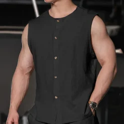 Online OUKU Men's Tank Top Vest Top Undershirt Sleeveless Shirt Sleeveless Mandarin Collar Spring & Summer Plain Fashion Designer Basic Buttons Vacation Street Going out Black Khaki Dark Gray Top Tee for Men