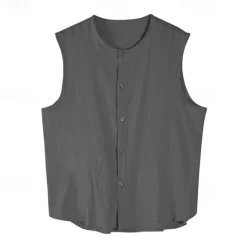 Online OUKU Men's Tank Top Vest Top Undershirt Sleeveless Shirt Sleeveless Mandarin Collar Spring & Summer Plain Fashion Designer Basic Buttons Vacation Street Going out Black Khaki Dark Gray Top Tee for Men