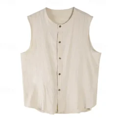 Online OUKU Men's Tank Top Vest Top Undershirt Sleeveless Shirt Sleeveless Mandarin Collar Spring & Summer Plain Fashion Designer Basic Buttons Vacation Street Going out Black Khaki Dark Gray Top Tee for Men