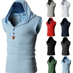 Sale OUKU Men's Tank Top Vest Top Undershirt Sleeveless Shirt Sleeveless Hooded Summer Plain Fashion Designer Muscle Buttons Outdoor Going out Gym Black White Red Top Tee for Men