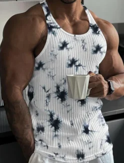 Best OUKU Men's Tank Top Vest Top Undershirt Sleeveless Shirt Sleeveless Crew Neck Summer Tie Dye Pit Strip Fashion Designer Muscle Knitted Outdoor Going out Gym Black White Blue Top Tee for Men