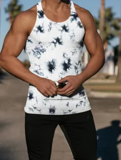 Best OUKU Men's Tank Top Vest Top Undershirt Sleeveless Shirt Sleeveless Crew Neck Summer Tie Dye Pit Strip Fashion Designer Muscle Knitted Outdoor Going out Gym Black White Blue Top Tee for Men