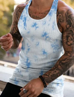 Best OUKU Men's Tank Top Vest Top Undershirt Sleeveless Shirt Sleeveless Crew Neck Summer Tie Dye Pit Strip Fashion Designer Muscle Knitted Outdoor Going out Gym Black White Blue Top Tee for Men