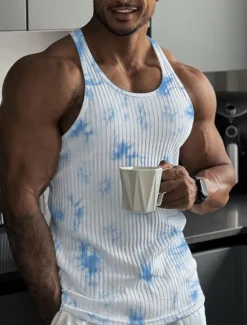 Best OUKU Men's Tank Top Vest Top Undershirt Sleeveless Shirt Sleeveless Crew Neck Summer Tie Dye Pit Strip Fashion Designer Muscle Knitted Outdoor Going out Gym Black White Blue Top Tee for Men