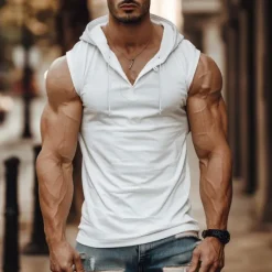 OUKU Men's Tank Top Vest Top Undershirt Sleeveless Hooded Summer Plain Fashion Designer Muscle Outdoor Going out Gym Black White Khaki Top Tee for Men