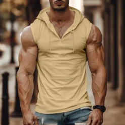 OUKU Men's Tank Top Vest Top Undershirt Sleeveless Hooded Summer Plain Fashion Designer Muscle Outdoor Going out Gym Black White Khaki Top Tee for Men