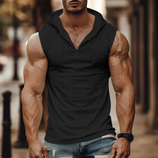 OUKU Men's Tank Top Vest Top Undershirt Sleeveless Hooded Summer Plain Fashion Designer Muscle Outdoor Going out Gym Black White Khaki Top Tee for Men