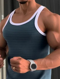 Online OUKU Men's Tank Top Vest Top Undershirt Sleeveless Shirt Sleeveless Crew Neck Summer Color Block Fashion Designer Muscle Outdoor Going out Gym Red Blue Gray Top Tee for Men