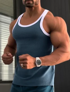 Online OUKU Men's Tank Top Vest Top Undershirt Sleeveless Shirt Sleeveless Crew Neck Summer Color Block Fashion Designer Muscle Outdoor Going out Gym Red Blue Gray Top Tee for Men