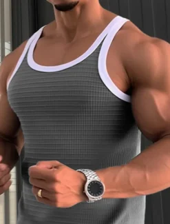 Online OUKU Men's Tank Top Vest Top Undershirt Sleeveless Shirt Sleeveless Crew Neck Summer Color Block Fashion Designer Muscle Outdoor Going out Gym Red Blue Gray Top Tee for Men