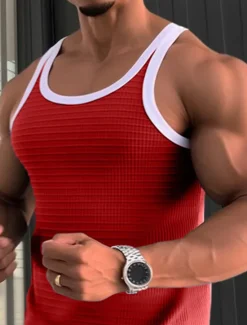 Online OUKU Men's Tank Top Vest Top Undershirt Sleeveless Shirt Sleeveless Crew Neck Summer Color Block Fashion Designer Muscle Outdoor Going out Gym Red Blue Gray Top Tee for Men