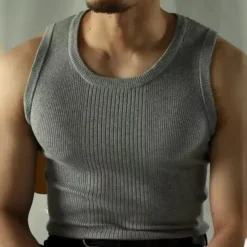 OUKU Men's Tank Top Vest Top Undershirt Sleeveless Shirt Sleeveless Crew Neck Summer Plain Vertical Stripes Fashion Designer Muscle Outdoor Going out Gym Black White Gray Top Tee for Men