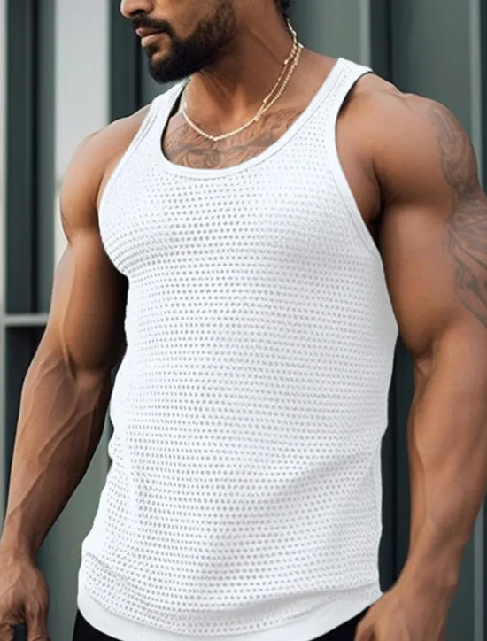 Sale OUKU Men's Tank Top Vest Top Undershirt Sleeveless Shirt Sleeveless Crew Neck Summer Plain Fashion Designer Muscle Mesh Outdoor Going out Gym Black White Green Top Tee for Men