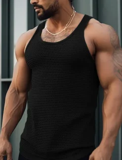 Sale OUKU Men's Tank Top Vest Top Undershirt Sleeveless Shirt Sleeveless Crew Neck Summer Plain Fashion Designer Muscle Mesh Outdoor Going out Gym Black White Green Top Tee for Men