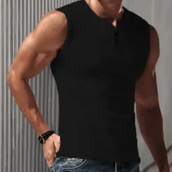 New OUKU Men's Tank Top Vest Top Undershirt Sleeveless Shirt Short Sleeve Henley Summer Spring Solid Color Fashion Basic Classic Button-Down Street Casual Daily Black White Blue Top Tee for Men