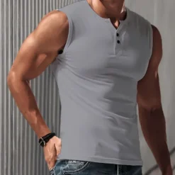 New OUKU Men's Tank Top Vest Top Undershirt Sleeveless Shirt Short Sleeve Henley Summer Spring Solid Color Fashion Basic Classic Button-Down Street Casual Daily Black White Blue Top Tee for Men