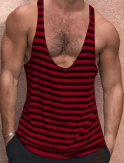OUKU Men's Tank Top Vest Top Undershirt Sleeveless Shirt Sleeveless Deep V Summer Striped Fashion Designer Muscle Outdoor Going out Gym White Red Green Top Tee for Men