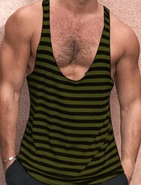 OUKU Men's Tank Top Vest Top Undershirt Sleeveless Shirt Sleeveless Deep V Summer Striped Fashion Designer Muscle Outdoor Going out Gym White Red Green Top Tee for Men