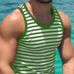 Clearance OUKU Men's Tank Top Vest Top Undershirt Sleeveless Shirt Sleeveless Crew Neck Summer Striped Fashion Streetwear Athleisure Print Vacation Athleisure Going out Red Blue Green Top Tee for Men