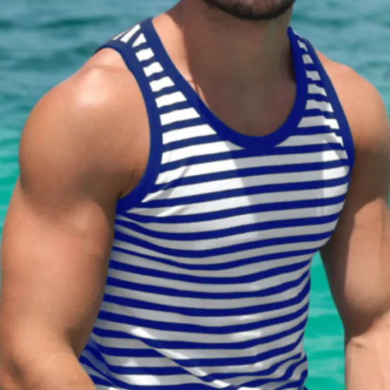Clearance OUKU Men's Tank Top Vest Top Undershirt Sleeveless Shirt Sleeveless Crew Neck Summer Striped Fashion Streetwear Athleisure Print Vacation Athleisure Going out Red Blue Green Top Tee for Men