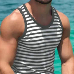 Clearance OUKU Men's Tank Top Vest Top Undershirt Sleeveless Shirt Sleeveless Crew Neck Summer Striped Fashion Streetwear Athleisure Print Vacation Athleisure Going out Red Blue Green Top Tee for Men