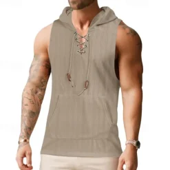 OUKU Men's Tank Top Vest Top Undershirt Sleeveless Shirt Sleeveless Hooded Summer Plain Fashion Designer Vacation Street Going out Black White Khaki Top Tee for Men