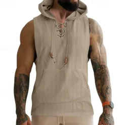 OUKU Men's Tank Top Vest Top Undershirt Sleeveless Shirt Sleeveless Hooded Summer Plain Fashion Designer Vacation Street Going out Black White Khaki Top Tee for Men