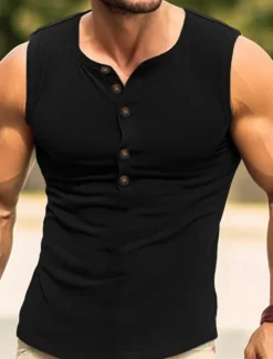 OUKU Men's Tank Top Vest Top Undershirt Sleeveless Shirt Sleeveless Henley Summer Plain Fashion Muscle Outdoor Going out Gym Black White Army Green Top Tee for Men
