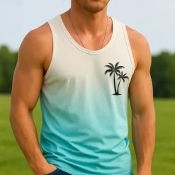 Sale OUKU Men's Tank Top Vest Top Undershirt Sleeveless Shirt Sleeveless Crewneck Summer Gradient Fashion Designer Vacation Street Going out Dark Navy Blue Orange Top Tee for Men