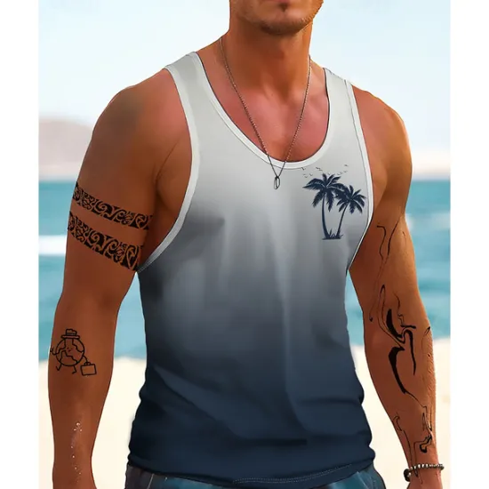 Sale OUKU Men's Tank Top Vest Top Undershirt Sleeveless Shirt Sleeveless Crewneck Summer Gradient Fashion Designer Vacation Street Going out Dark Navy Blue Orange Top Tee for Men
