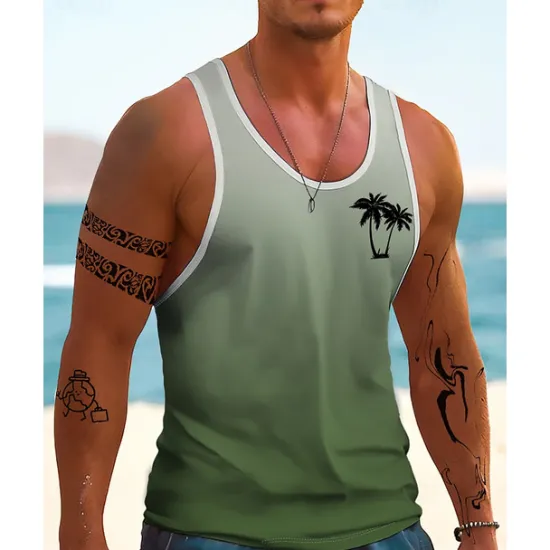 Sale OUKU Men's Tank Top Vest Top Undershirt Sleeveless Shirt Sleeveless Crewneck Summer Gradient Fashion Designer Vacation Street Going out Dark Navy Blue Orange Top Tee for Men