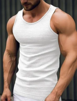 Outlet OUKU Men's Tank Top Vest Top Undershirt Sleeveless Shirt Sleeveless Crew Neck Summer Plain Fashion Designer Muscle Outdoor Going out Gym Black White Khaki Top Tee for Men