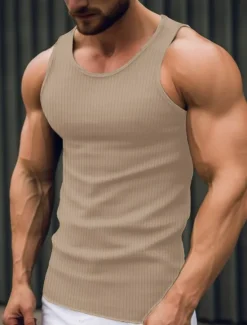 Outlet OUKU Men's Tank Top Vest Top Undershirt Sleeveless Shirt Sleeveless Crew Neck Summer Plain Fashion Designer Muscle Outdoor Going out Gym Black White Khaki Top Tee for Men