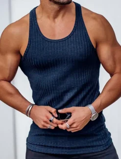 Outlet OUKU Men's Tank Top Vest Top Undershirt Sleeveless Shirt Sleeveless U Neck Summer Spring Striped Fashion Streetwear Sport Indoor Casual Daily Black White Dark Navy Top Tee for Men