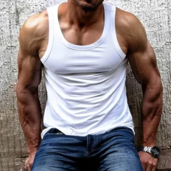 Online OUKU Men's Tank Top Vest Top Undershirt Sleeveless Shirt Sleeveless Crew Neck Summer Plain Fashion Designer Muscle Outdoor Going out Gym Black White Brown Top Tee for Men