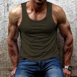 Online OUKU Men's Tank Top Vest Top Undershirt Sleeveless Shirt Sleeveless Crew Neck Summer Plain Fashion Designer Muscle Outdoor Going out Gym Black White Brown Top Tee for Men