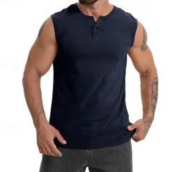 Sale OUKU Men's Tank Top Vest Top Undershirt Sleeveless Shirt Sleeveless Henley Spring & Summer Plain Fashion Designer Vacation Street Going out Black Dark Navy Khaki Top Tee for Men